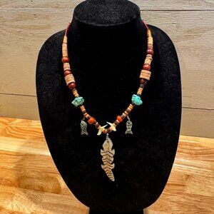 Vintage Native American Turquoise Bird Fish and Lizard Fetish Necklace Beads 20"
